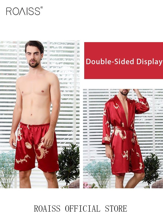 roaiss - Pajama Shorts and Robe for Men Silk Dragon Pattern Pajamas Bathrobe gift for Boyfriend Husband Summer Loungewear Nightwear for Men - Image 1