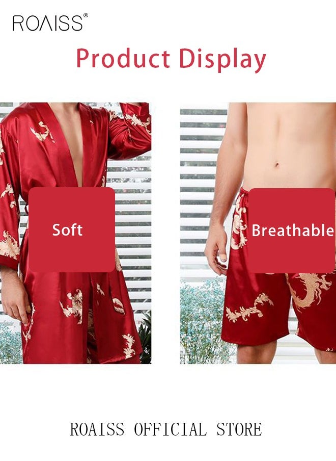 roaiss - Pajama Shorts and Robe for Men Silk Dragon Pattern Pajamas Bathrobe gift for Boyfriend Husband Summer Loungewear Nightwear for Men - Image 1