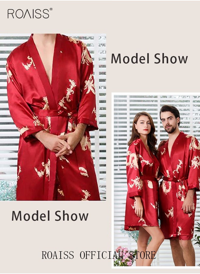 roaiss - Pajama Shorts and Robe for Men Silk Dragon Pattern Pajamas Bathrobe gift for Boyfriend Husband Summer Loungewear Nightwear for Men - Image 1