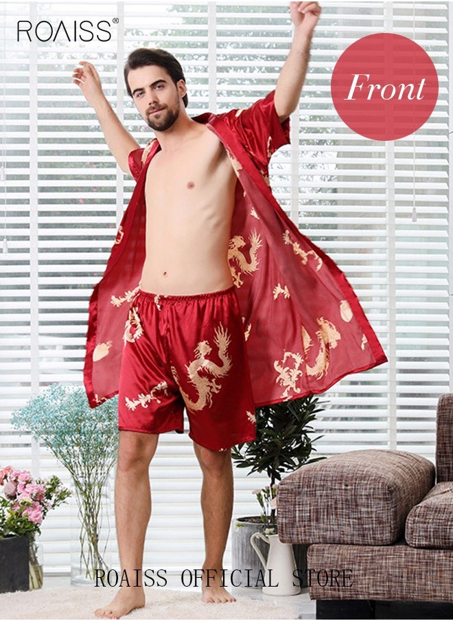 roaiss - Pajama Shorts and Robe for Men Silk Dragon Pattern Pajamas Bathrobe gift for Boyfriend Husband Summer Loungewear Nightwear for Men - Image 1
