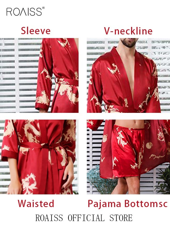 roaiss - Pajama Shorts and Robe for Men Silk Dragon Pattern Pajamas Bathrobe gift for Boyfriend Husband Summer Loungewear Nightwear for Men - Image 1