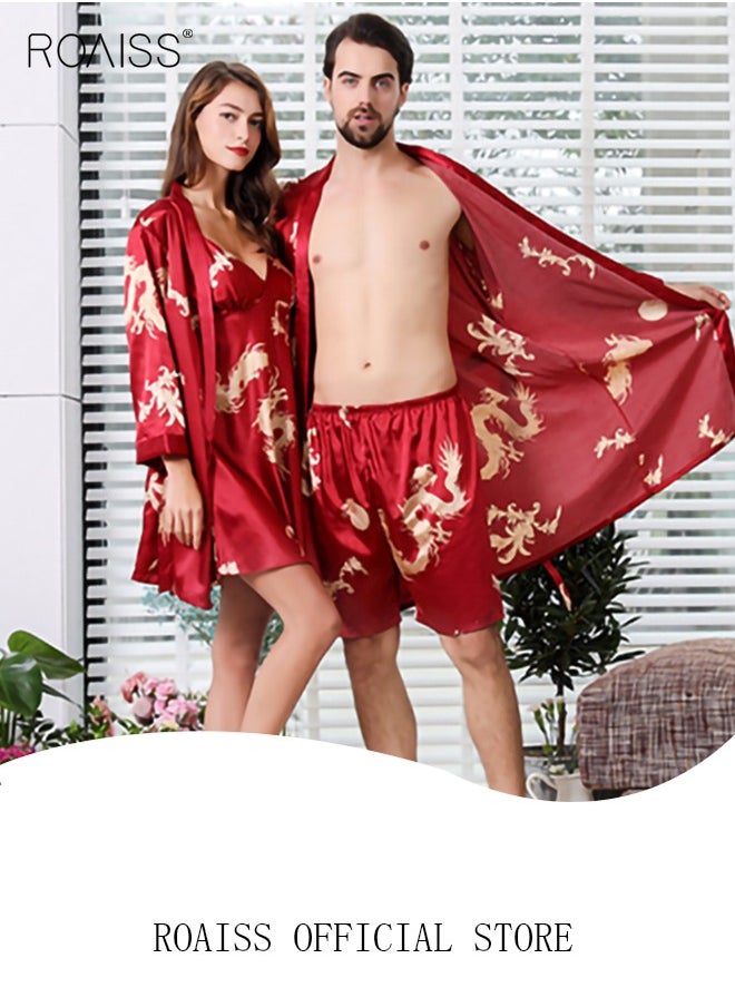 roaiss - Pajama Shorts and Robe for Men Silk Dragon Pattern Pajamas Bathrobe gift for Boyfriend Husband Summer Loungewear Nightwear for Men - Image 1