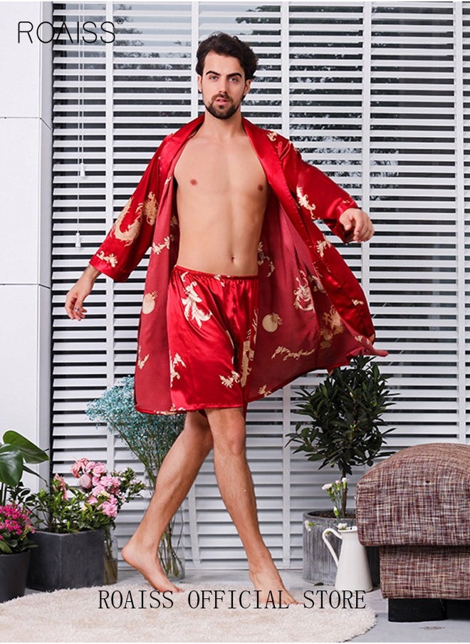 roaiss - Pajama Shorts and Robe for Men Silk Dragon Pattern Pajamas Bathrobe gift for Boyfriend Husband Summer Loungewear Nightwear for Men - Image 1