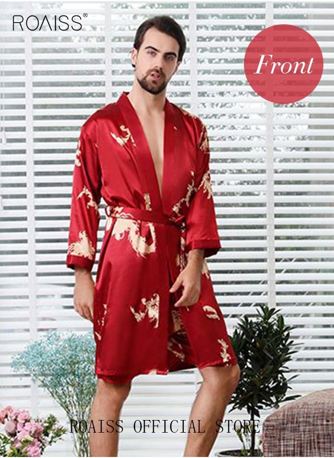 roaiss - Pajama Shorts and Robe for Men Silk Dragon Pattern Pajamas Bathrobe gift for Boyfriend Husband Summer Loungewear Nightwear for Men - Image 1