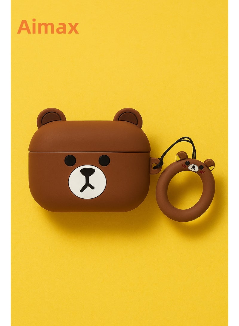 Aimax Brown Bear Cartoon Silicone Case for Apple AirPods Pro – Cute 3D Protective Cover with Keychain Ring - Image 1