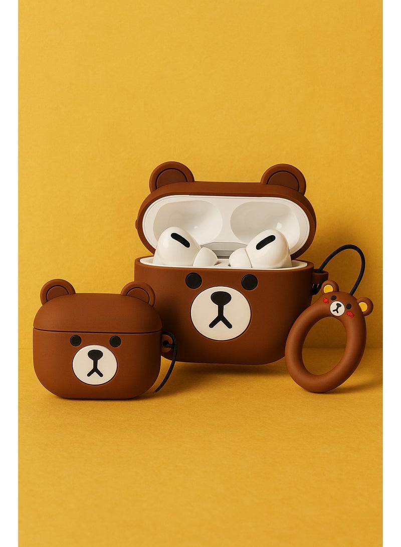 Aimax Brown Bear Cartoon Silicone Case for Apple AirPods Pro – Cute 3D Protective Cover with Keychain Ring - Image 3