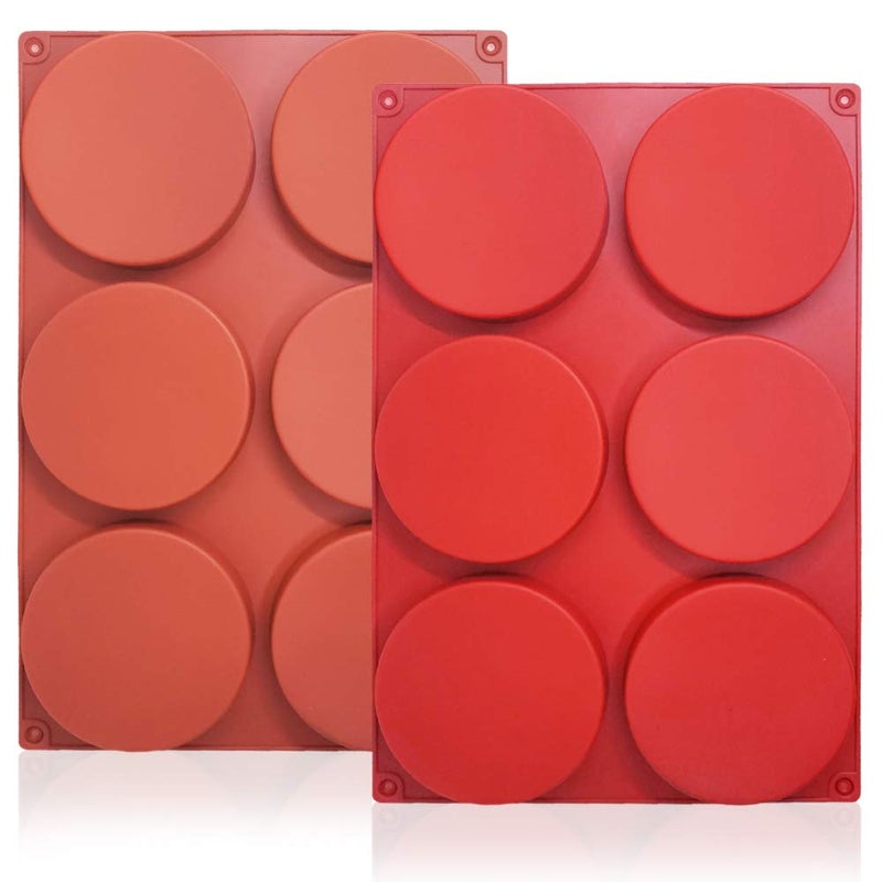 2 Pack Silicone Round Disc 6Cavity Large Cake Molds findTop NonStick Baking Molds Mousse Cake Pan for Dessert Candy Soap Brown Red