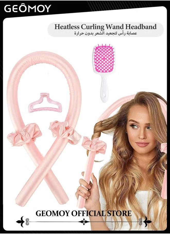 Geomoy Hair Curling Kit with Free Hollow out Massage Styling Comb Heatless Curling Rod Headband Lazy Hair Curler No Heat Silk Curlers SoftCurling Ribbon and Rods for Natural Wave Hair - Image 1
