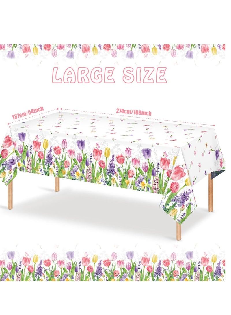 Y&D Spring Lavender Tulip Plastic Tablecloth, Summer Blooming Floral Disposable Table Cloth, Watercolor Seasonal Holiday Cover for Picnic Party Decorations, 137 x 274CM(3PCS) - Image 2
