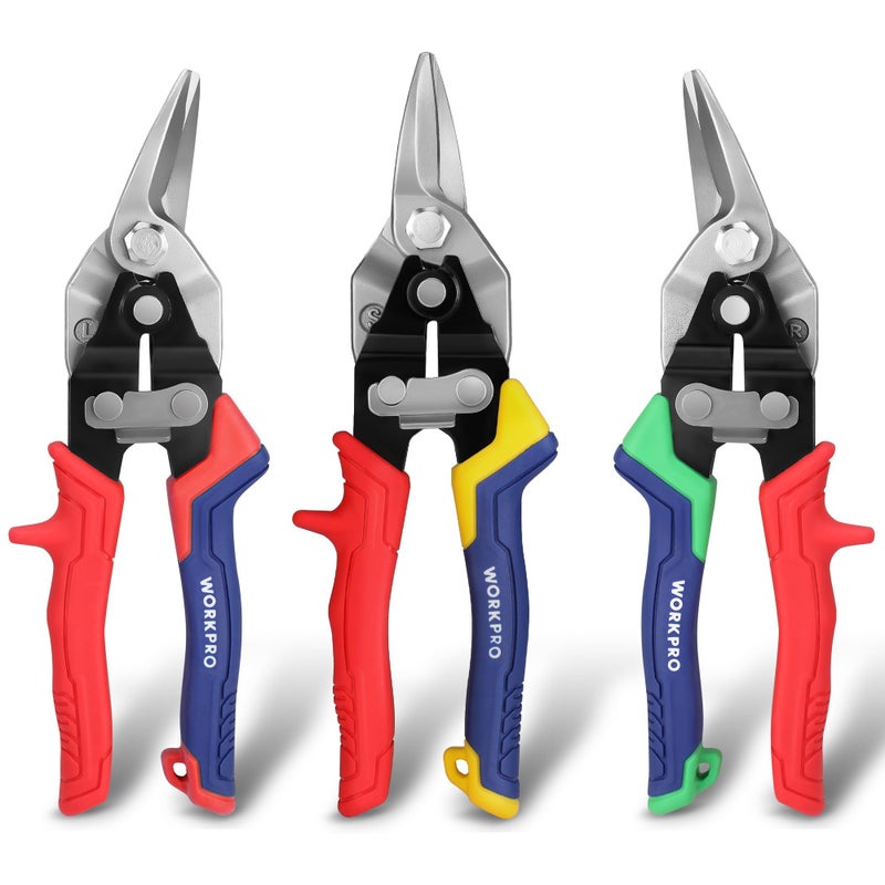 WORKPRO 3 Piece Aviation Tin Snips Set, 8 Inch Metal Cutter Shear for Left, Right and Straight Cut, Cr-V Blade, Ergonomic Handle with Hang Hole & Safety Latch - Image 1