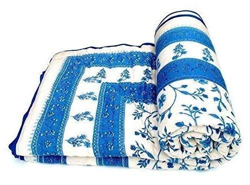 SVT Traditional Famous Rajasthani Print Jaipuri Beautiful Floral Print in White and Blue Jaipuri Rajai/Razai/Quilt King Size/King Size Bed Quilt/Comforter/AC Quilt/AC Comforter - Image 1