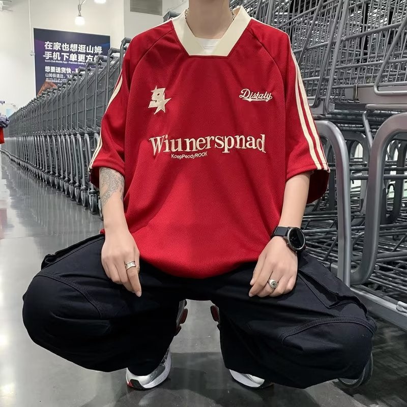 New Style Hip Hop American Short Sleeve Summer Fashion V-Neck T-Shirt Men'S Retro Couple Half Sleeve Casual Jersey Loose - Image 3