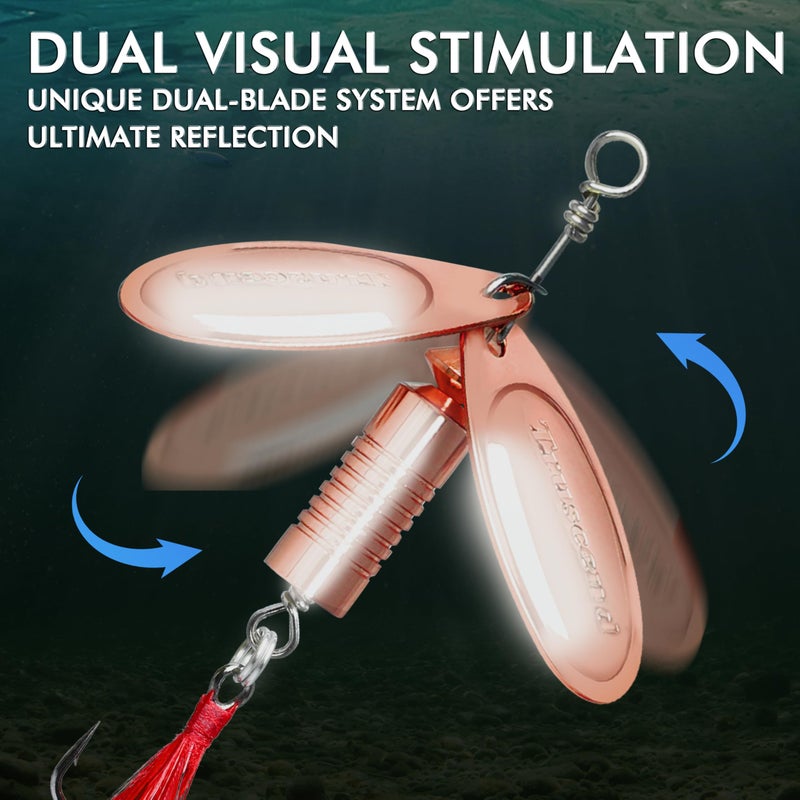 TRUSCEND طُعوم صيد دجاجة TRUSCEND المصنوعة بشكل جيد مع جسم وشفرة نحاسية لامعة، نظام شفرات مزدوجة لصيد الأسماك، طعوم كراپي للمياه العذبة، 7/16 أونصة طعم دوار طويل للرمي لصيد الباس والتروت والكراپي والوالايه - Image 3