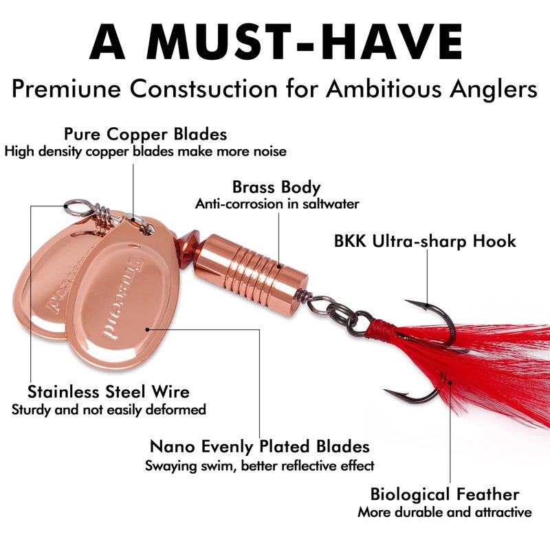 TRUSCEND طُعوم صيد دجاجة TRUSCEND المصنوعة بشكل جيد مع جسم وشفرة نحاسية لامعة، نظام شفرات مزدوجة لصيد الأسماك، طعوم كراپي للمياه العذبة، 7/16 أونصة طعم دوار طويل للرمي لصيد الباس والتروت والكراپي والوالايه - Image 2