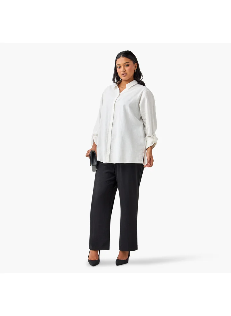 Ulla Popken Plus Size Ulla Popken Regular Fit Linen Blend Shirt with Long Sleeves