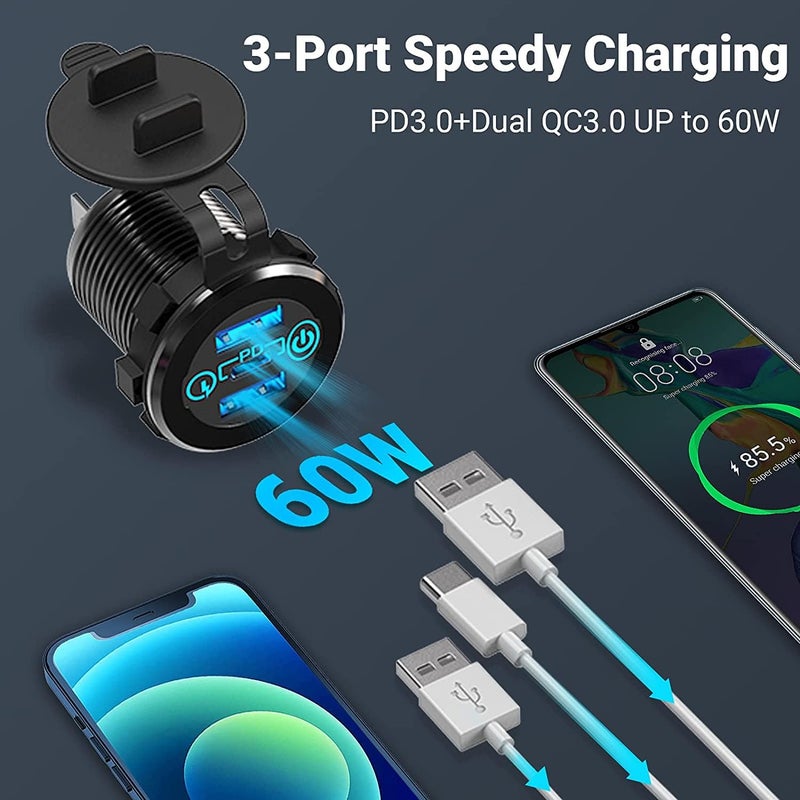ELECDON Car Charger Socket, 12V/24V Triple USB Outlet 20W PD & 18W QC3.0 Aluminum Metal Car Socket with Touch Power Switch, Fast Charge Adapter for Car Boat Marine RV Golf Cart Motorcycle - Image 2