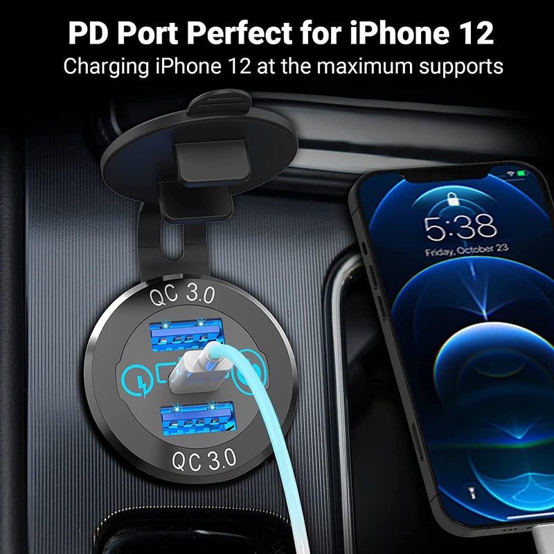 ELECDON Car Charger Socket, 12V/24V Triple USB Outlet 20W PD & 18W QC3.0 Aluminum Metal Car Socket with Touch Power Switch, Fast Charge Adapter for Car Boat Marine RV Golf Cart Motorcycle - Image 4
