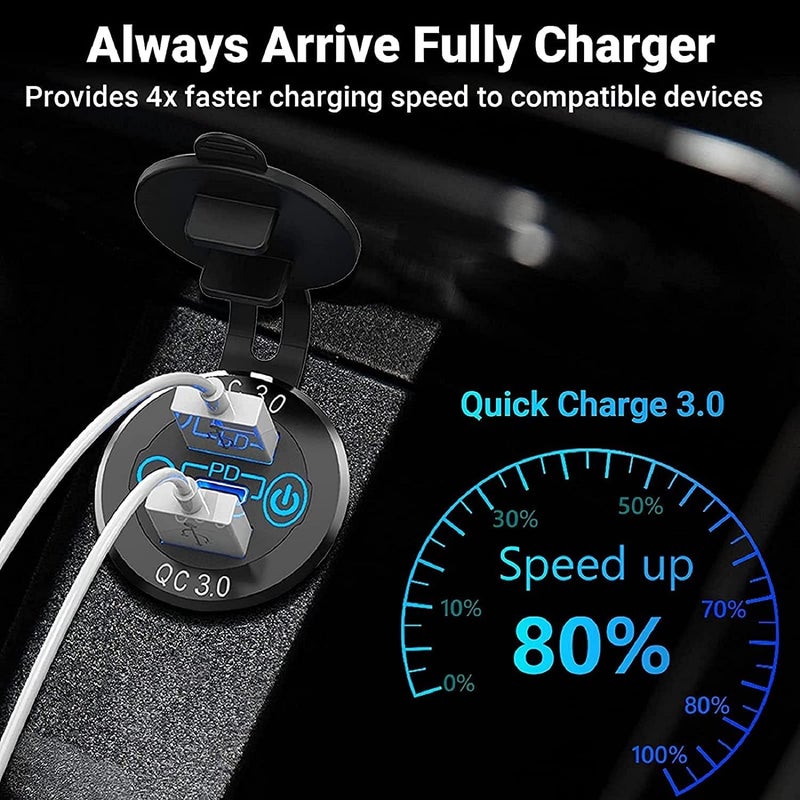 ELECDON Car Charger Socket, 12V/24V Triple USB Outlet 20W PD & 18W QC3.0 Aluminum Metal Car Socket with Touch Power Switch, Fast Charge Adapter for Car Boat Marine RV Golf Cart Motorcycle - Image 3