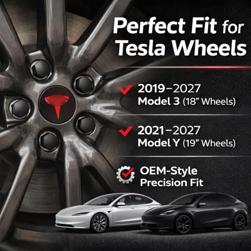 Tesheer Wheel Center Hub Cap Kit with Tesla Emble Brand Center Caps for Model 3 Model Y with 20 Lug Nut Covers (4PCS) (Red) - Image 3
