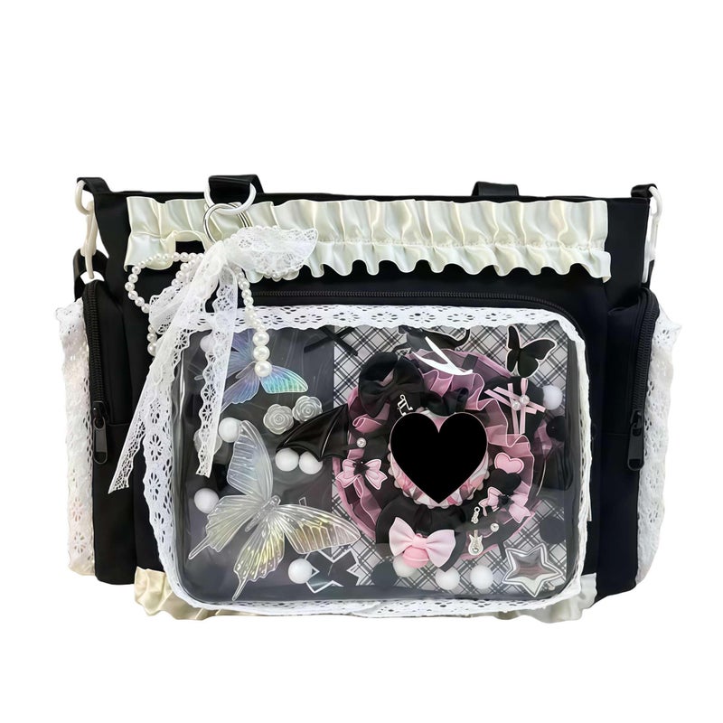 Winatehr cute kawaii ita bag crossbody tote bag, pin display with Insert bow large messenger bag crossbody, cute tote bags with zipper ruffle y2k, kpop japanese trendy purse aesthetic - Image 1