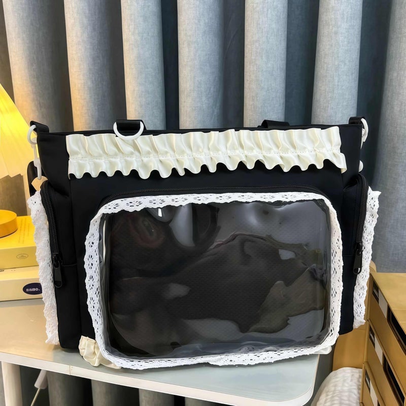 Winatehr cute kawaii ita bag crossbody tote bag, pin display with Insert bow large messenger bag crossbody, cute tote bags with zipper ruffle y2k, kpop japanese trendy purse aesthetic - Image 5