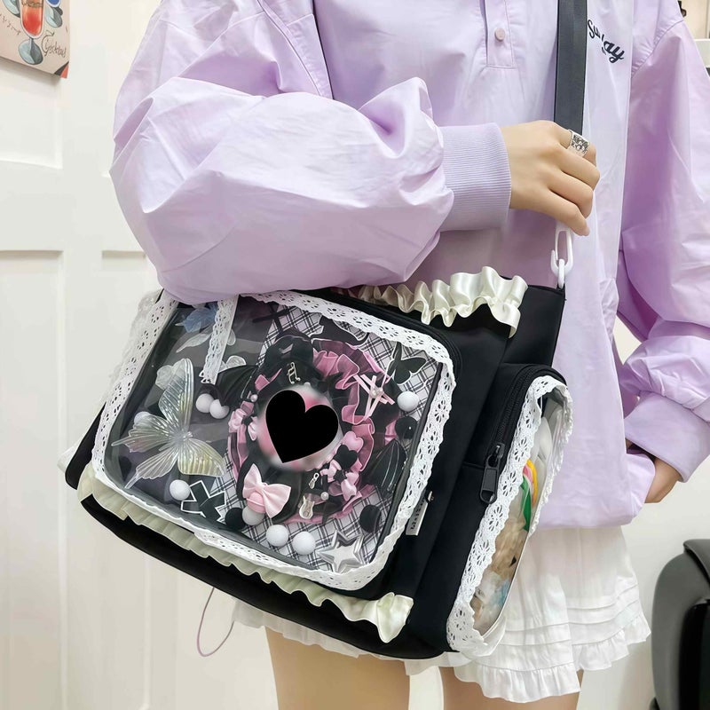 Winatehr cute kawaii ita bag crossbody tote bag, pin display with Insert bow large messenger bag crossbody, cute tote bags with zipper ruffle y2k, kpop japanese trendy purse aesthetic - Image 2