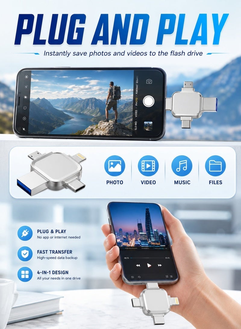 AFQIX USB Flash Drive USB 3.0 128GB Memory Flash 4 in 1 Multipurpose Type-C External Storage,for Android Smart phones,iPhone,iPad, MacBook,Laptop,Silver - Image 3