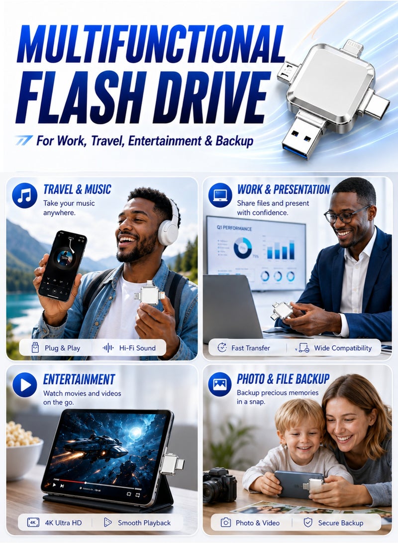AFQIX USB Flash Drive USB 3.0 128GB Memory Flash 4 in 1 Multipurpose Type-C External Storage,for Android Smart phones,iPhone,iPad, MacBook,Laptop,Silver - Image 5