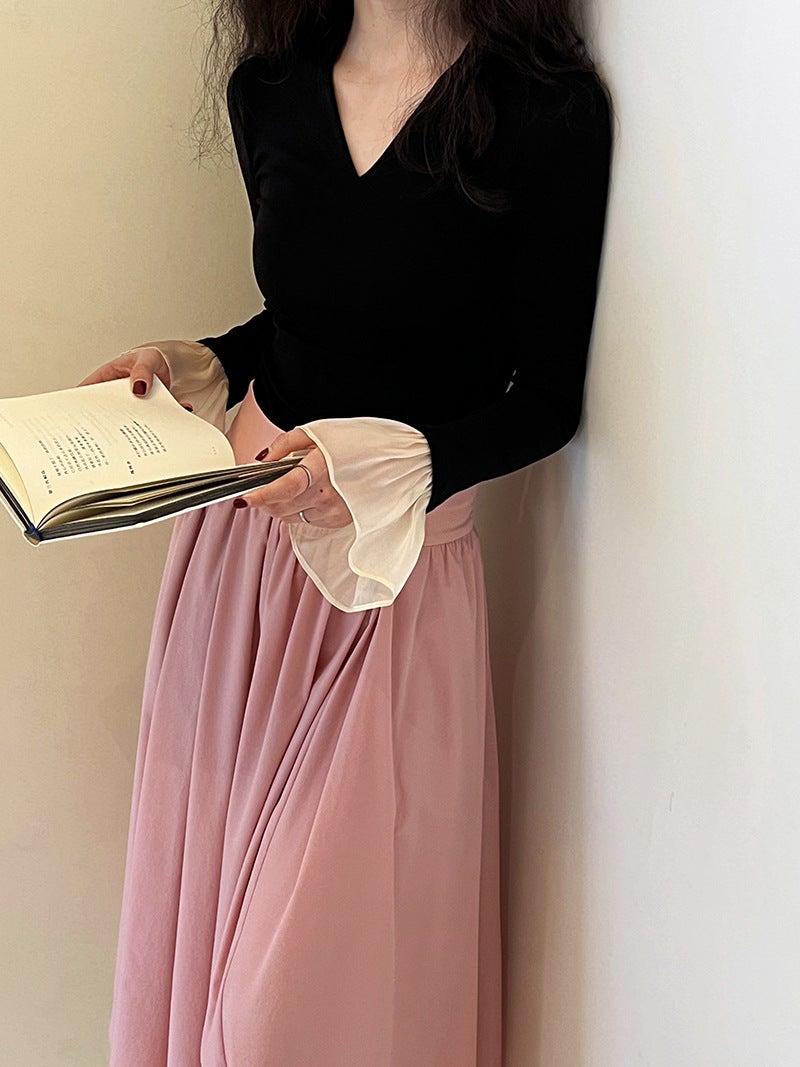 Lu Xi Pure Desire Ceiling ~ V Neck Knitted T-Shirt with Bell Sleeves Slimming Look Sexy Bottoming Shirt for Women 2737 - Image 4