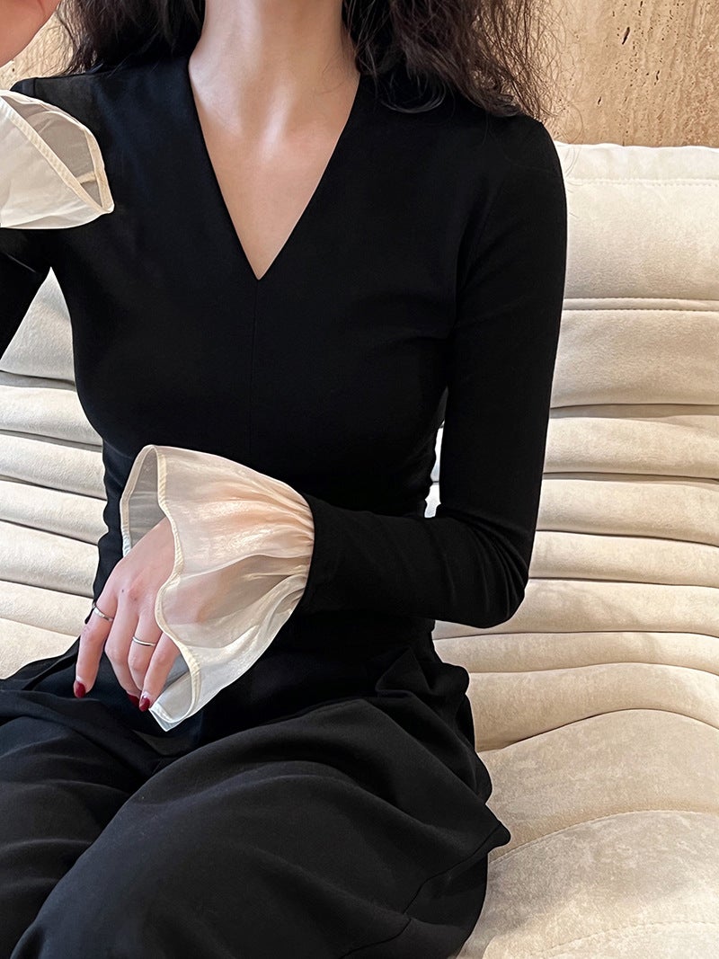 Lu Xi Pure Desire Ceiling ~ V Neck Knitted T-Shirt with Bell Sleeves Slimming Look Sexy Bottoming Shirt for Women 2737 - Image 2