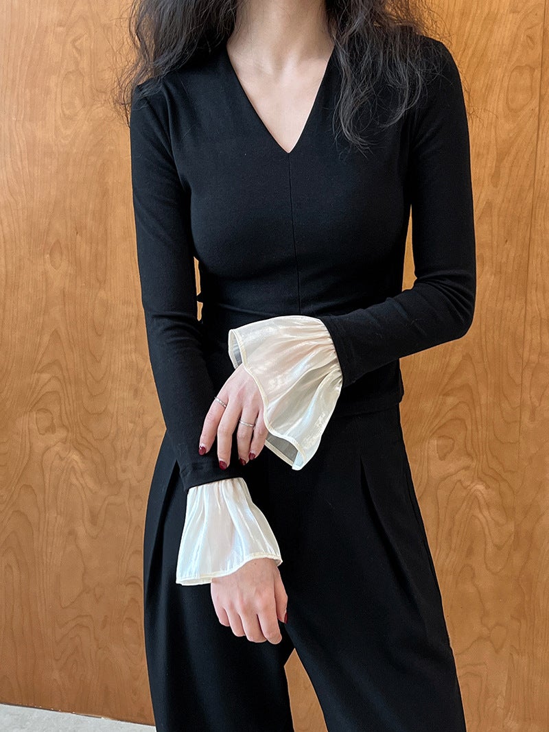 Lu Xi Pure Desire Ceiling ~ V Neck Knitted T-Shirt with Bell Sleeves Slimming Look Sexy Bottoming Shirt for Women 2737 - Image 3