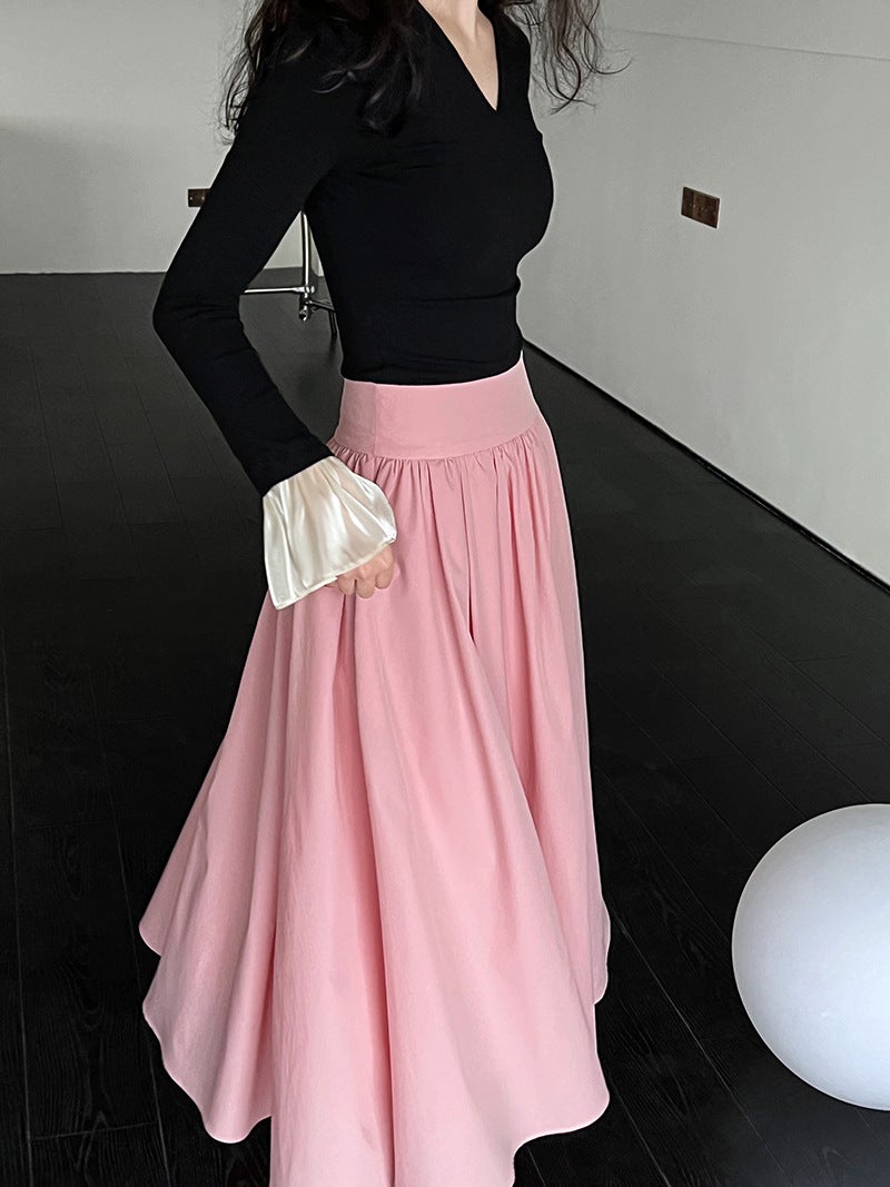 Lu Xi Pure Desire Ceiling ~ V Neck Knitted T-Shirt with Bell Sleeves Slimming Look Sexy Bottoming Shirt for Women 2737 - Image 1