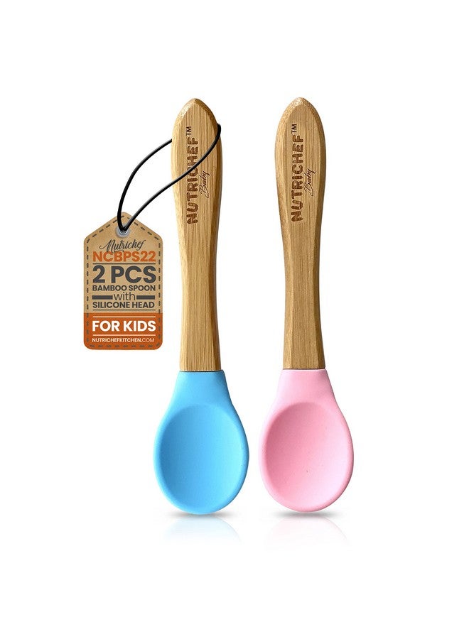 NutriChef 2 Piece Baby & Toddler Spoon Set All Natural Wooden Spoon Set W/Soft Curved Food Grade Silicone Head Selffeeding Utensils Bpa Free Toddler & Child Tableware For Ages 4 Months 6 Years - Image 1