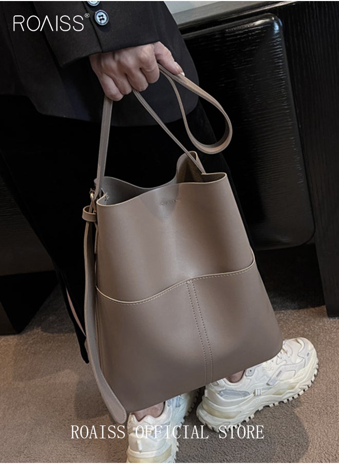 roaiss - Women's PU Leather Shoulder Bag Large Capacity Fashionable and Versatile Crossbody Bag Casual Daily Shoulder Bag Bucket Bag - Image 1