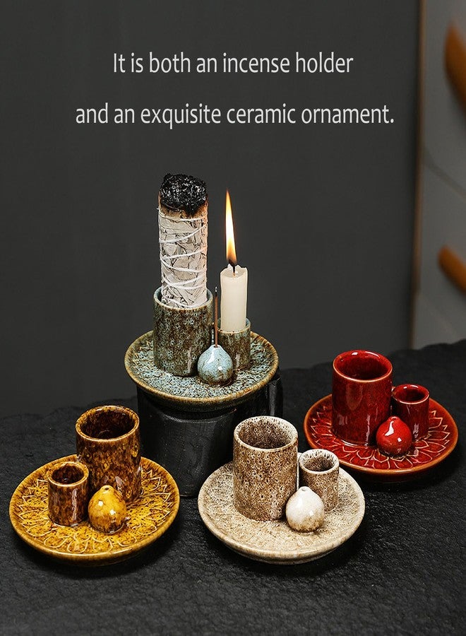 YIENENG 4 in 1 Multifunctional Ceramic Incense and Candle Holder with Ash Catcher Tray Suit for Burning White Sage, Palo Santo Sticks (Blue) - Image 5