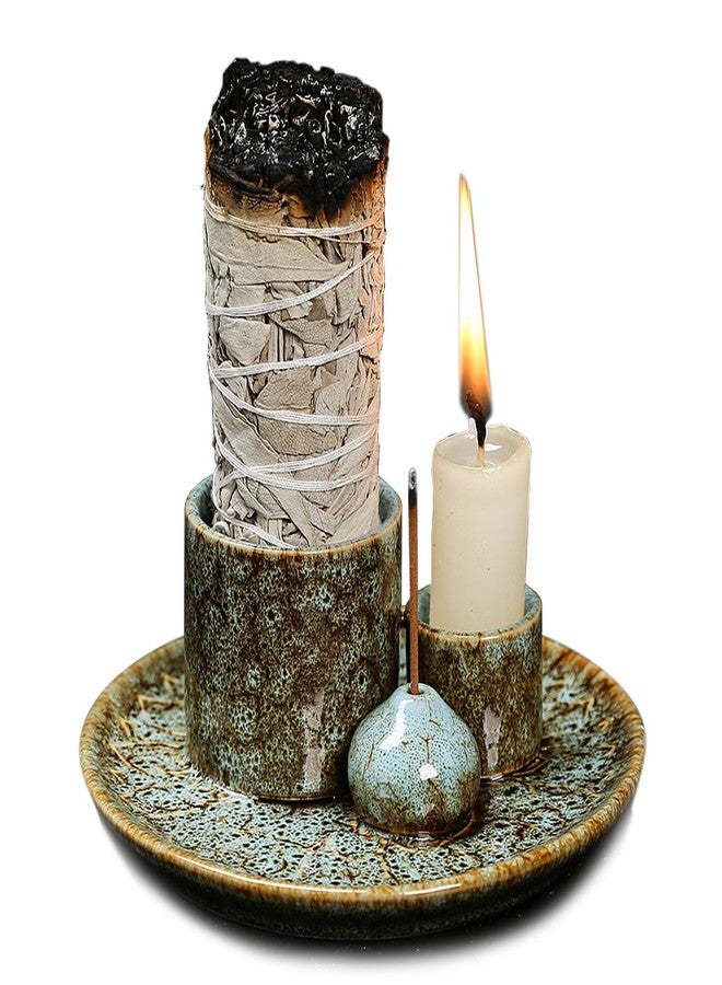 YIENENG 4 in 1 Multifunctional Ceramic Incense and Candle Holder with Ash Catcher Tray Suit for Burning White Sage, Palo Santo Sticks (Blue) - Image 1