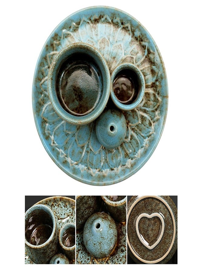 YIENENG 4 in 1 Multifunctional Ceramic Incense and Candle Holder with Ash Catcher Tray Suit for Burning White Sage, Palo Santo Sticks (Blue) - Image 4