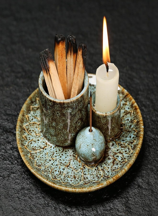 YIENENG 4 in 1 Multifunctional Ceramic Incense and Candle Holder with Ash Catcher Tray Suit for Burning White Sage, Palo Santo Sticks (Blue) - Image 2
