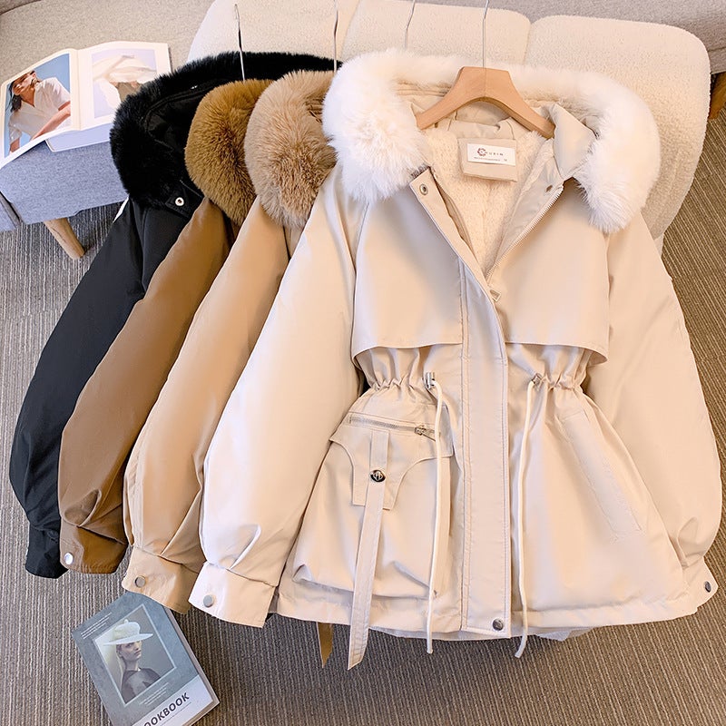 Womens Mid-Length Slim Hooded Parka with Velvet Liner Coffee
