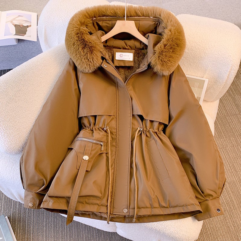Womens Mid-Length Slim Hooded Parka with Velvet Liner Coffee