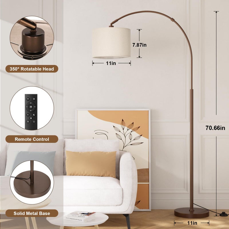 Ambimall Dimmable Arc Floor Lamp with Remote, Color Temperatures and Brightness Adjustable, Arched Floor Lamp with Rotating Head, Over Couch Arched Reading Light for Living Room (Deep Beige and Brown) - Image 2