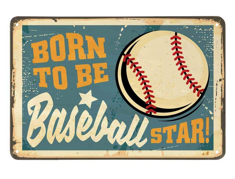 AOYEGO Baseball Shop Tin Sign,Born to be Baseball Star Vintage Metal Tin Signs for Cafes Bars Pubs Shop Wall Decorative Funny Retro Signs for Men Women 8x12 Inch - Image 1