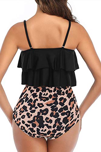 Adisputent Womens High Waisted Bathing Suits Flounce Halter Tank Top Bikini Bottoms Tummy Control Modest Swimwear Two Piece Swimsuits Tankini Leopard S - Image 2