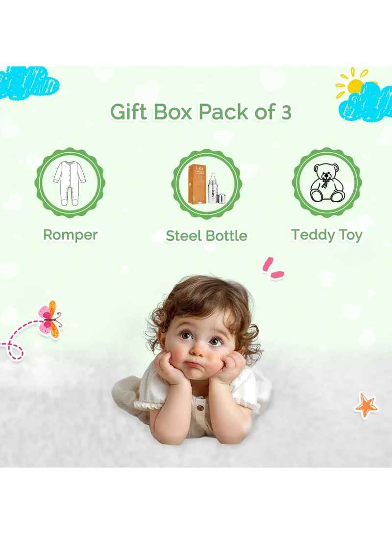 Luay Orange Bear Premium Gift Box Set with The Baby Romper, Baby Feeding Bottle and Teddy Bear Best Hamper for Babies (0-3 M)  | Best Price UAE