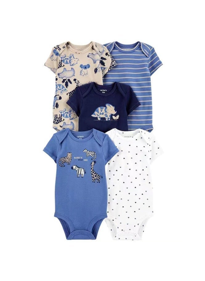 5-piece set of pure cotton jumpsuits for infants and young children, short-sleeved crawling clothes - Image 1