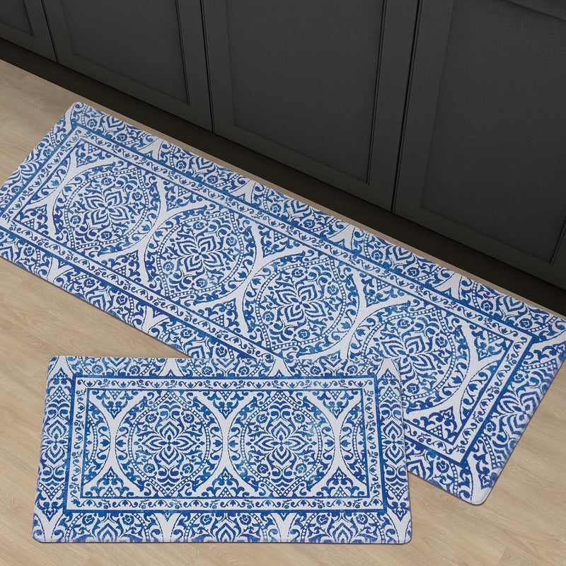 Fresh Mint 2 Piece Set Boho Kitchen Mats for Floor Bohemian Distressed Anti Fatigue Kitchen Rugs Vintage Farmhouse Cushioned Kitchen Runners for Standing Waterproof & Non-Skid Comfort, Sea Blue - Image 1