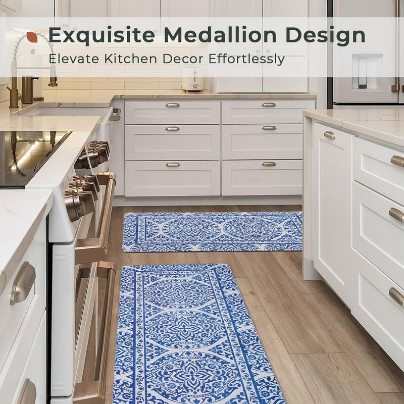 Fresh Mint 2 Piece Set Boho Kitchen Mats for Floor Bohemian Distressed Anti Fatigue Kitchen Rugs Vintage Farmhouse Cushioned Kitchen Runners for Standing Waterproof & Non-Skid Comfort, Sea Blue - Image 2