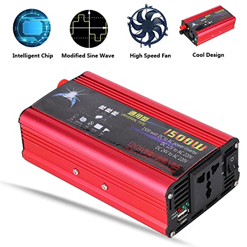 Ymiko محول طاقة السيارة 1500 واط شاحن USB محول محول موجة جيبية معدلة DC 12V/24V إلى AC 220V معدن بلاستيك موجة جيبية معدلة أحمر + أسود - Image 3