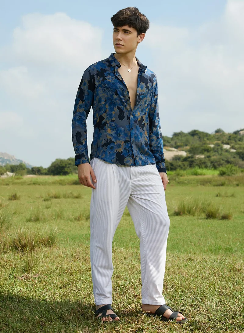 Campus Sutra Campus Sutra Men's Lapis Blue Bi-Hue Daisy Shirt For Casual Wear | Spread Collar | Long Cuffed Sleeves | Button Closure | Shirt Crafted With Comfort Fit For Everyday Wear