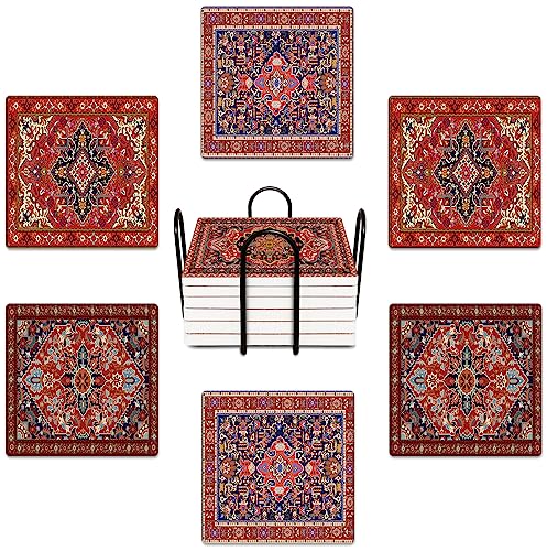 Bribay Coasters for Drinks Set of 6, Tribal Geometric Pattern Absorbent Square Ceramic Stone Mat, with Cork Base and Metal Holder, Gift for Housewarming Room Bar Decor - Image 1